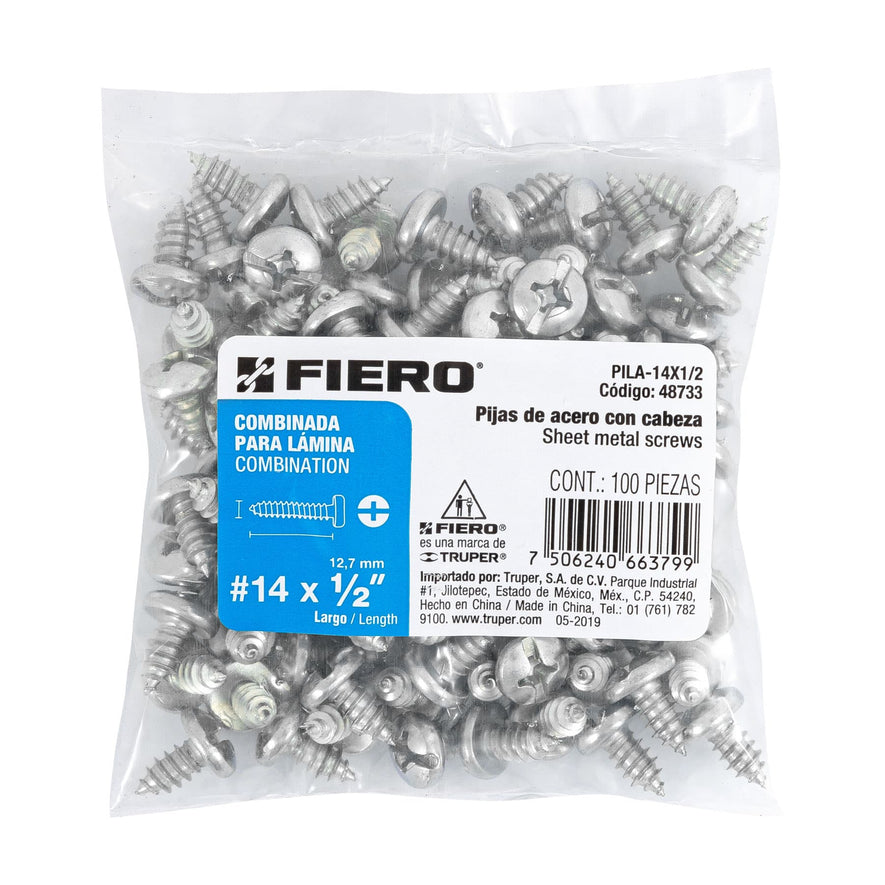 Bolsa con 100 pijas para lámina, #14 x 1/2', Fiero Caja con 6, 48733