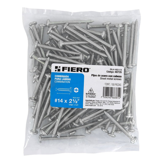 Bolsa con 100 pijas para lámina, #14 x 2-1/2', Fiero Caja con 6, 48735