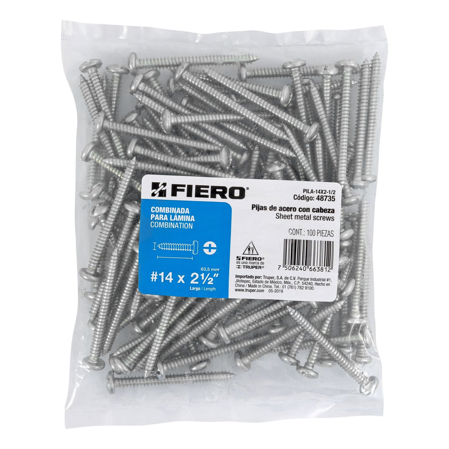 Bolsa con 100 pijas para lámina, #14 x 2-1/2', Fiero Caja con 6, 48735