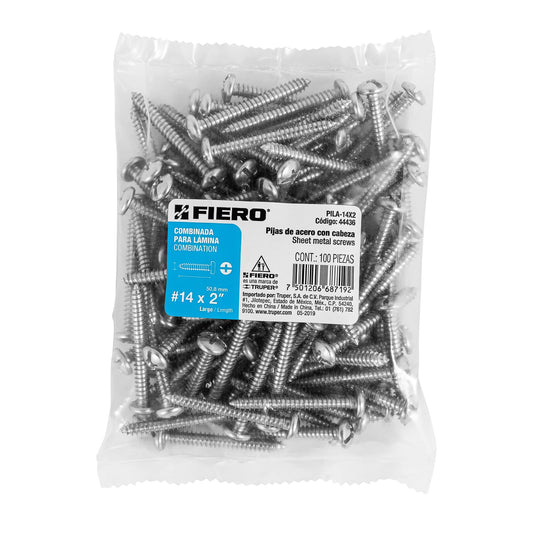 Bolsa con 100 pijas para lámina, #14 x 2', Fiero Caja con 6, 44436
