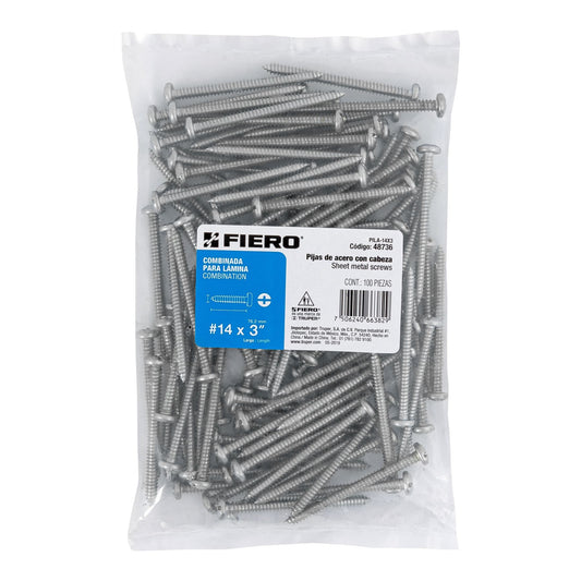 Bolsa con 100 pijas para lámina, #14 x 3', Fiero Caja con 6, 48736