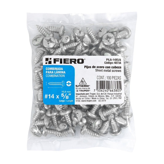 Bolsa con 100 pijas para lámina, #14 x 5/8', Fiero Caja con 6, 48734