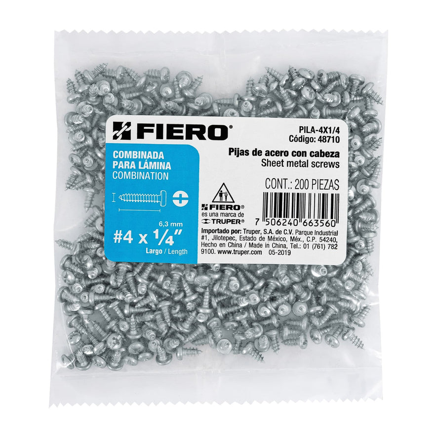 Bolsa con 200 pijas para lámina, #4 x 1/4', Fiero Caja con 6, 48710