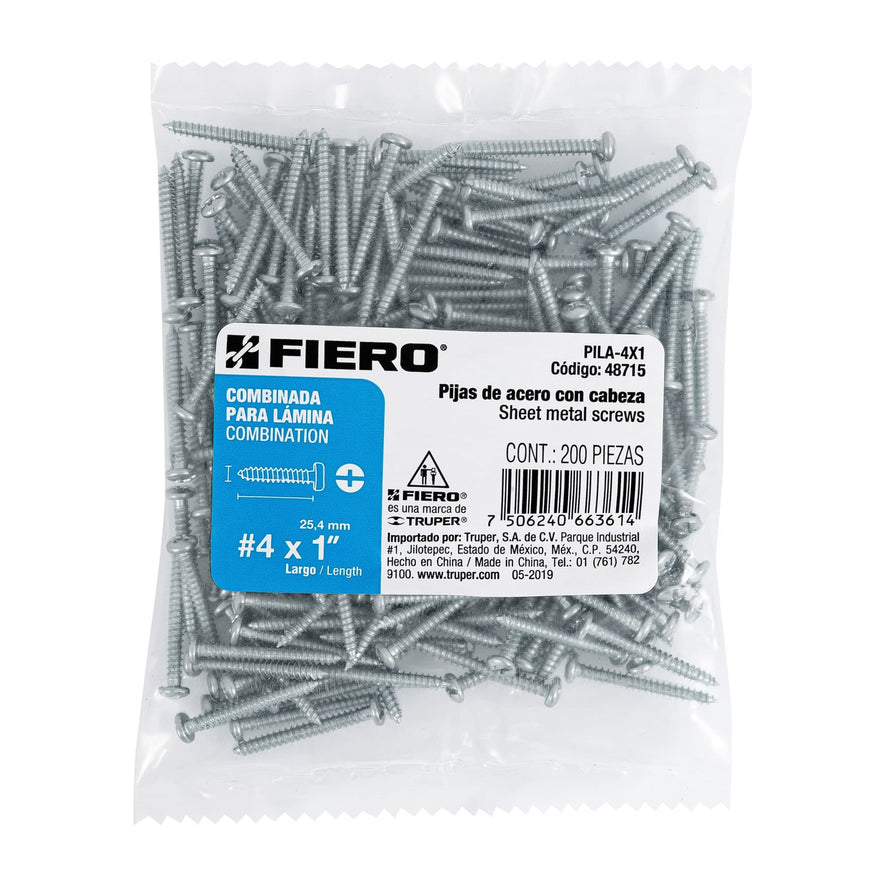 Bolsa con 200 pijas para lámina, #4 x 1', Fiero Caja con 6, 48715