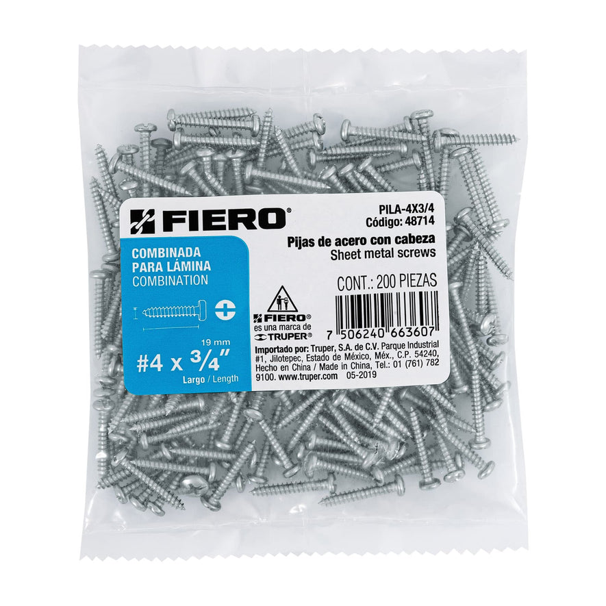 Bolsa con 200 pijas para lámina, #4 x 3/4', Fiero Caja con 6, 48714