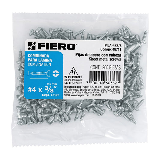 Bolsa con 200 pijas para lámina, #4 x 3/8', Fiero Caja con 6, 48711