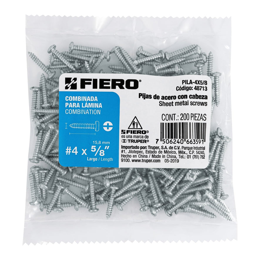 Bolsa con 200 pijas para lámina, #4 x 5/8', Fiero Caja con 6, 48713