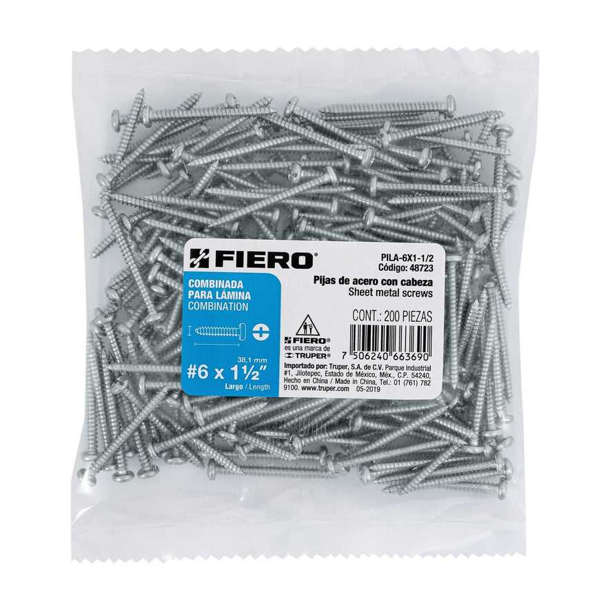 Bolsa con 200 pijas para lámina, #6 x 1-1/2', Fiero Caja con 6, 48723