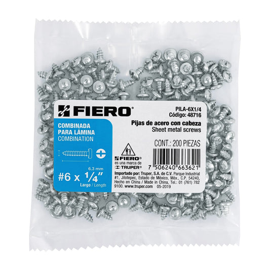 Bolsa con 200 pijas para lámina, #6 x 1/4', Fiero Caja con 6, 48716