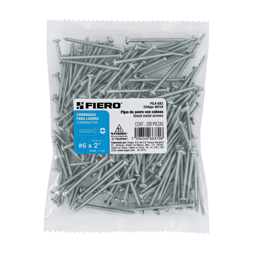 Bolsa con 200 pijas para lámina, #6 x 2', Fiero Caja con 6, 48724