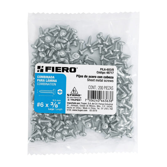 Bolsa con 200 pijas para lámina, #6 x 3/8', Fiero Caja con 6, 48717