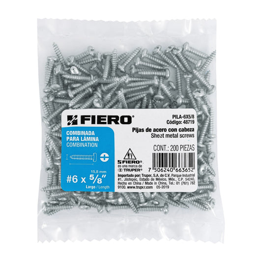 Bolsa con 200 pijas para lámina, #6 x 5/8', Fiero Caja con 6, 48719