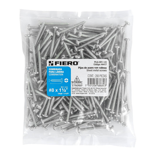 Bolsa con 200 pijas para lámina, #8 x 1-1/2', Fiero Caja con 6, 44417
