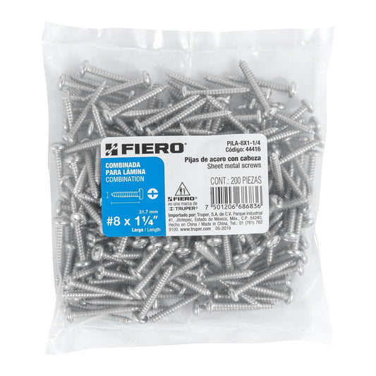 Bolsa con 200 pijas para lámina, #8 x 1-1/4', Fiero Caja con 6, 44416