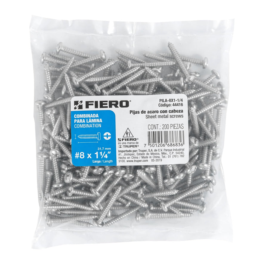 Bolsa con 200 pijas para lámina, #8 x 1-1/4', Fiero Caja con 6, 44416