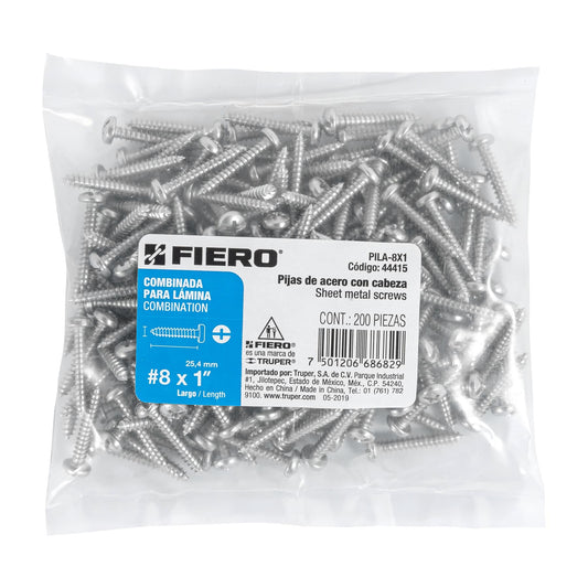 Bolsa con 200 pijas para lámina, #8 x 1', Fiero Caja con 6, 44415