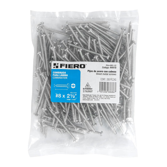 Bolsa con 200 pijas para lámina, #8 x 2-1/2', Fiero Caja con 6, 44419