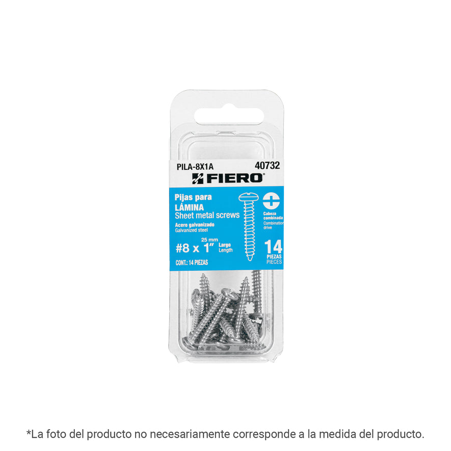 Blíster con 8 pijas para lámina, #8 x 2', FIERO Caja con 12, 40783