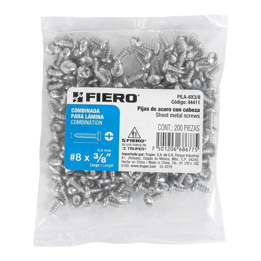 Bolsa con 200 pijas para lámina, #8 x 3/8', Fiero Caja con 6, 44411