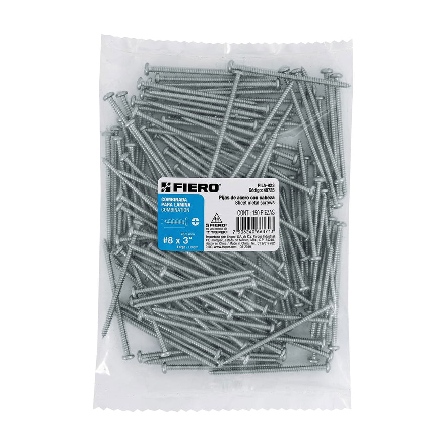 Bolsa con 150 pijas para lámina, #8 x 3', Fiero Caja con 6, 48725