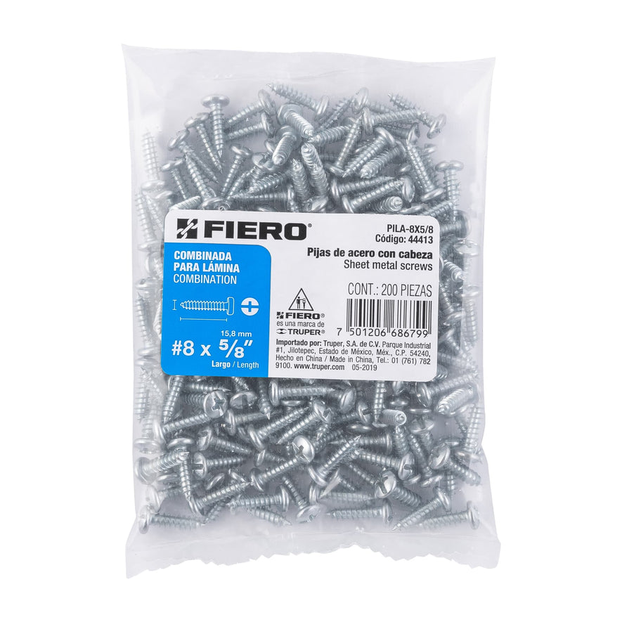 Bolsa con 200 pijas para lámina, #8 x 5/8', Fiero Caja con 6, 44413