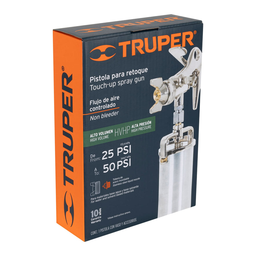 Pistola compacta p/retoque HVHP vaso alum, 1.5 mm, Truper Caja con 2, 14088
