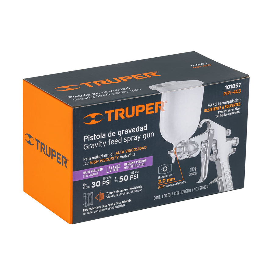 Pistola p/pintar gravedad LVMP vaso plástico, 2 mm, Truper Caja con 2, 101857