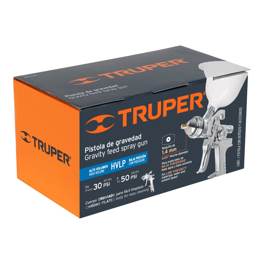 Pistola p/pintar gravedad HVLP vaso plástico, 1.4 mm, Truper, 12128