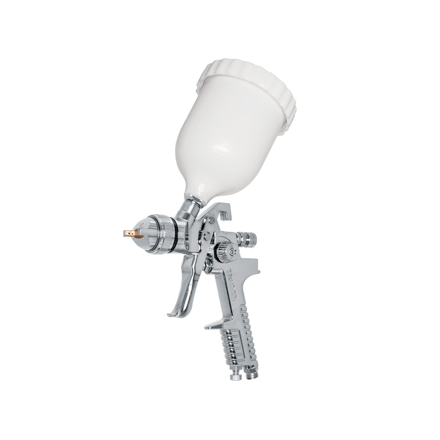 Pistola p/pintar gravedad HVLP vaso plástico, 1.7 mm, Truper, 12129