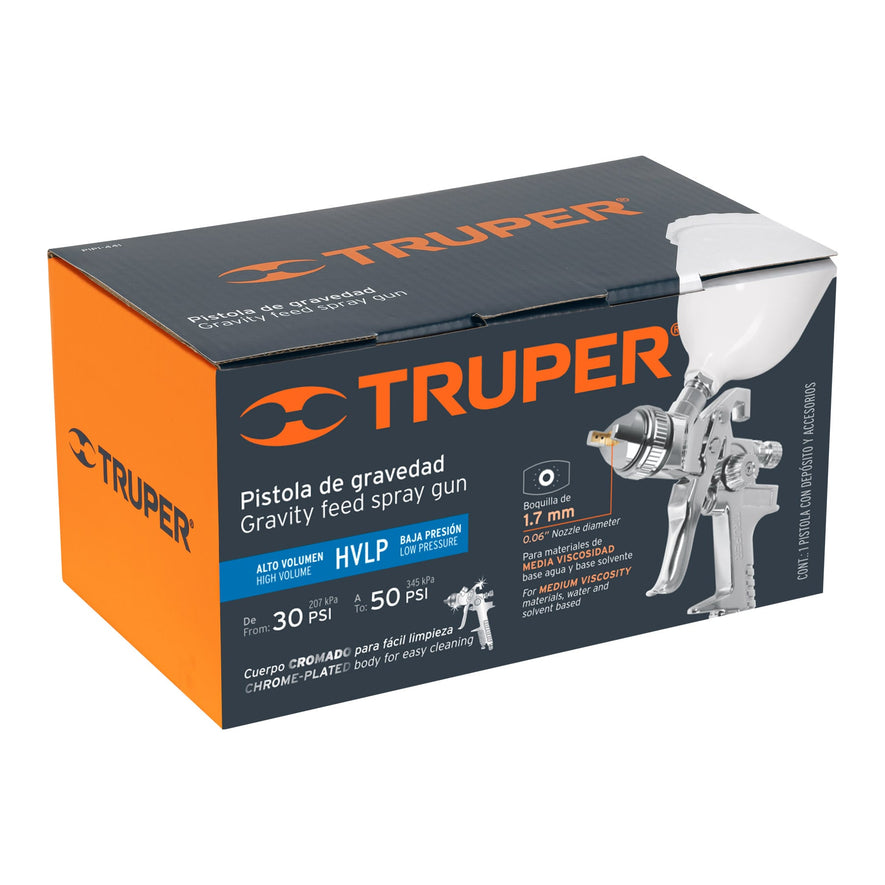 Pistola p/pintar gravedad HVLP vaso plástico, 1.7 mm, Truper, 12129