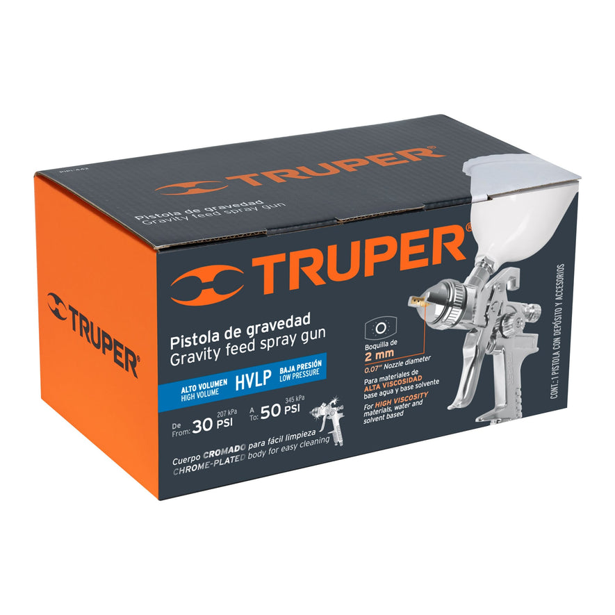 Pistola p/pintar gravedad HVLP vaso plástico, 2 mm, Truper, 12131