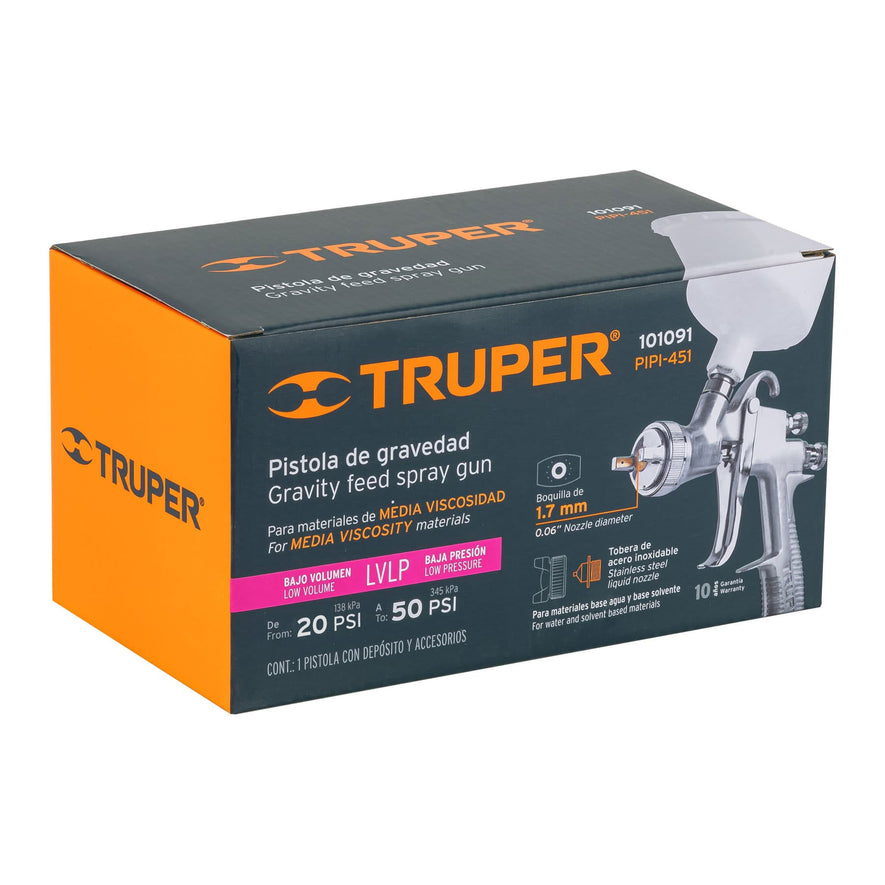 Pistola p/pintar gravedad LVLP vaso plástico, 1.7 mm, Truper, 101091