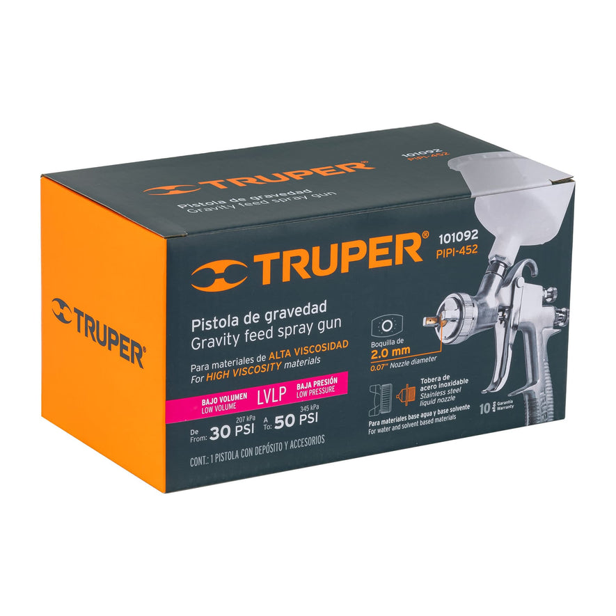 Pistola p/pintar gravedad LVLP vaso plástico, 2 mm, Truper, 101092