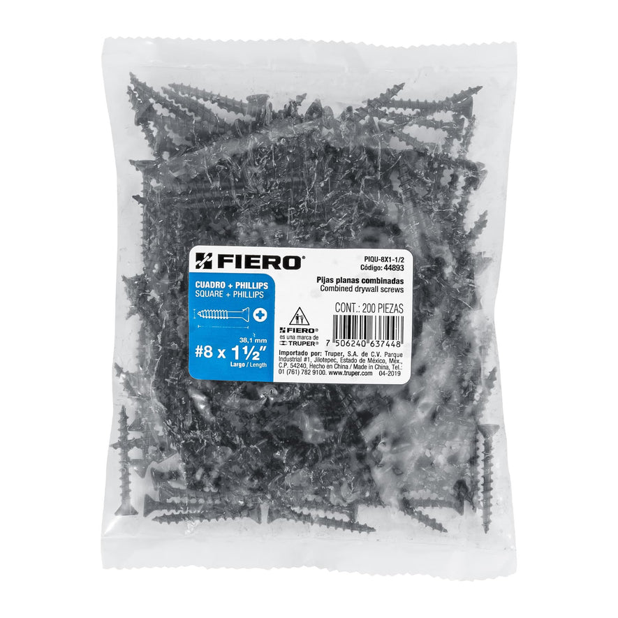 Bolsa con 200 pijas #8 x 1-1/2' combinadas (cuadro+Phillips) Caja con 6, 44893