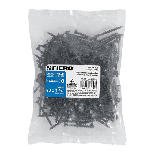 Bolsa con 200 pijas #8 x 1-3/4' combinadas (cuadro+Phillips) Caja con 6, 44894