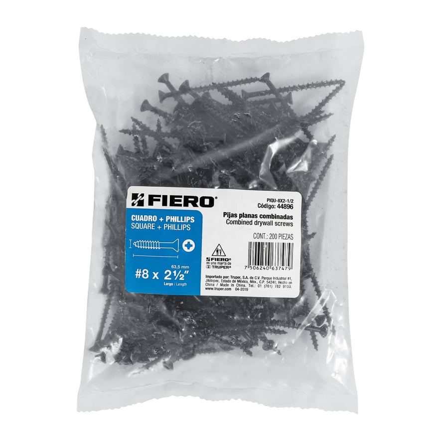 Bolsa con 200 pijas #8 x 2-1/2' combinadas (cuadro+Phillips) Caja con 6, 44896