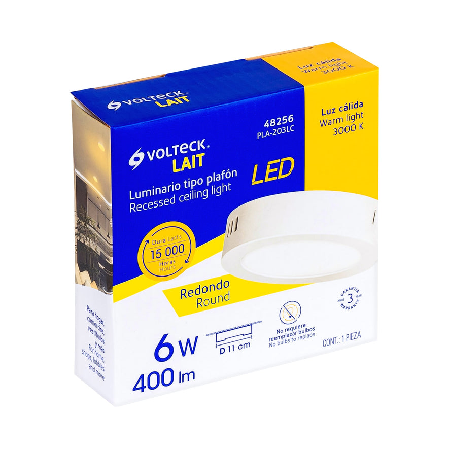 Luminario LED tipo plafón 6 W, redondo, luz cálida, blanco Caja con 4, 48256