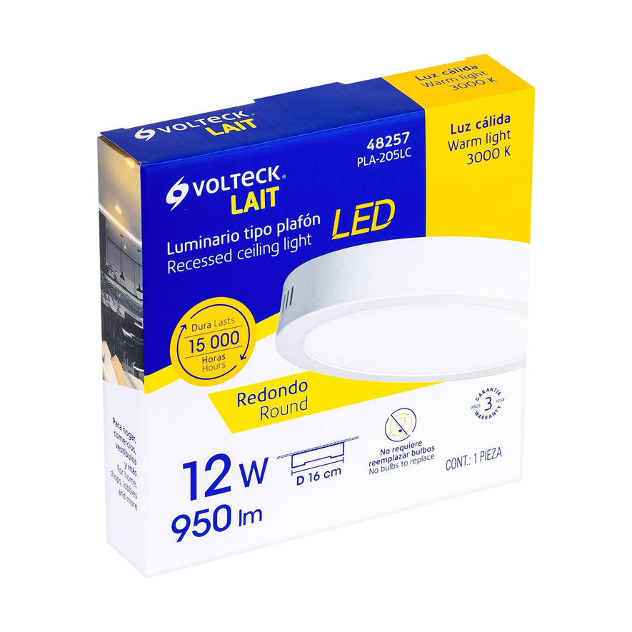 Luminario LED tipo plafón 12 W, redondo, luz cálida, blanco Caja con 4, 48257