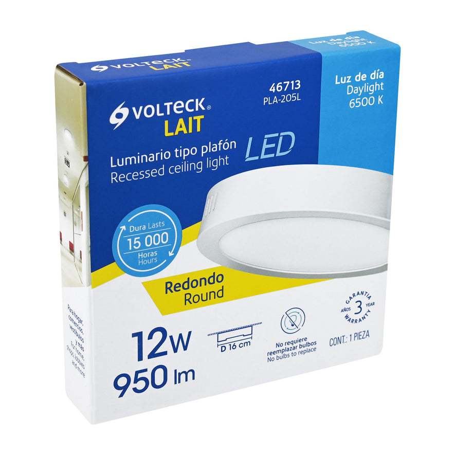 Luminario LED tipo plafón 12 W, redondo, luz de día, blanco Caja con 4, 46713