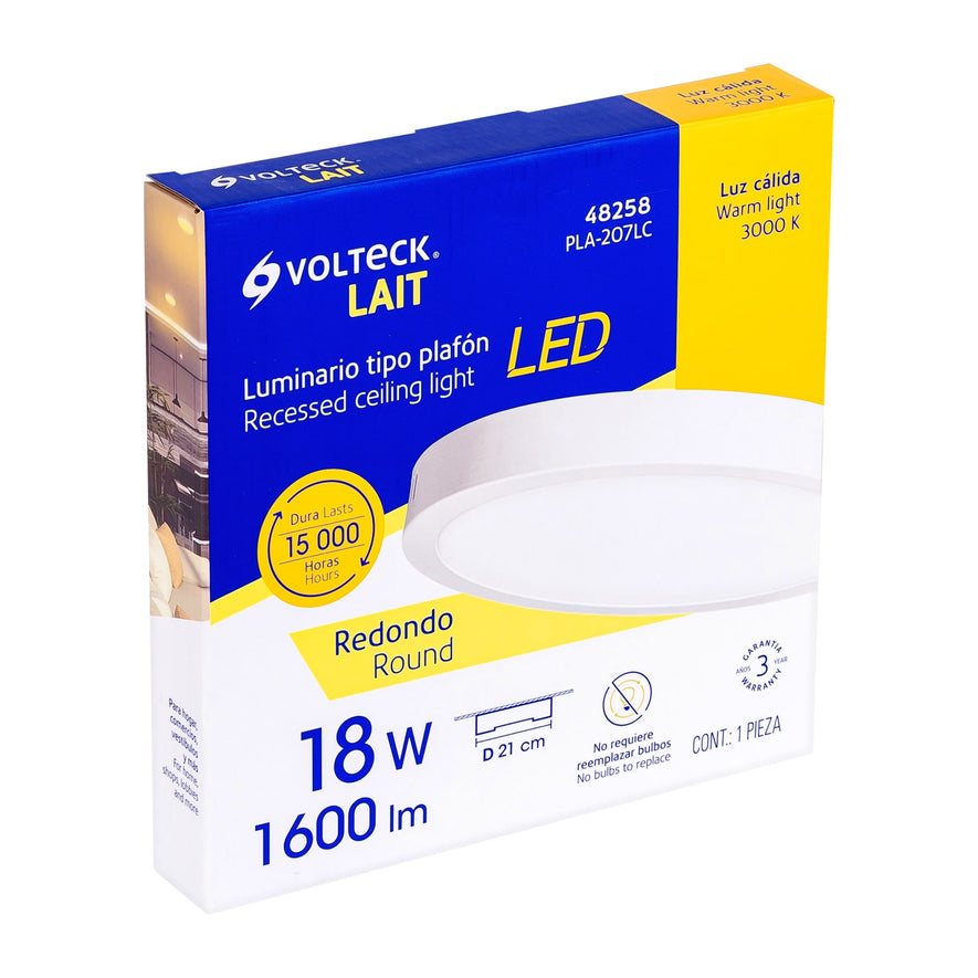 Luminario LED tipo plafón 18 W, redondo, luz cálida, blanco Caja con 2, 48258