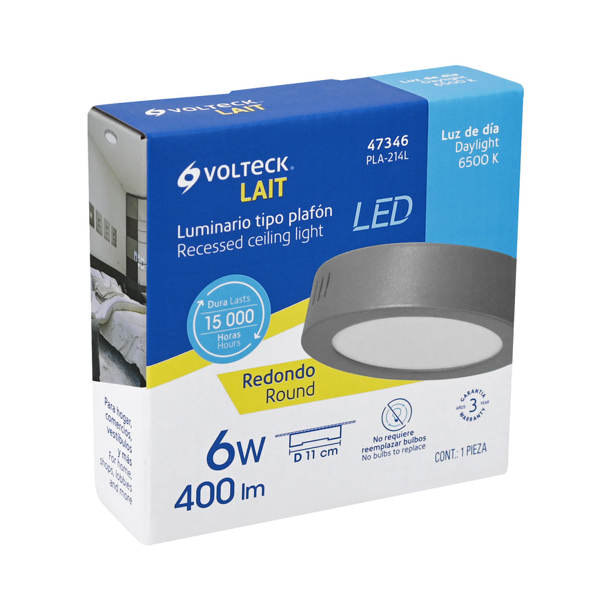 Luminario LED tipo plafón 6 W, redondo, luz de día, gris Caja con 4, 47346