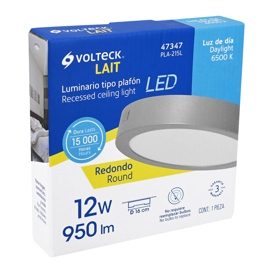 Luminario LED tipo plafón 12 W, redondo, luz de día, gris Caja con 4, 47347