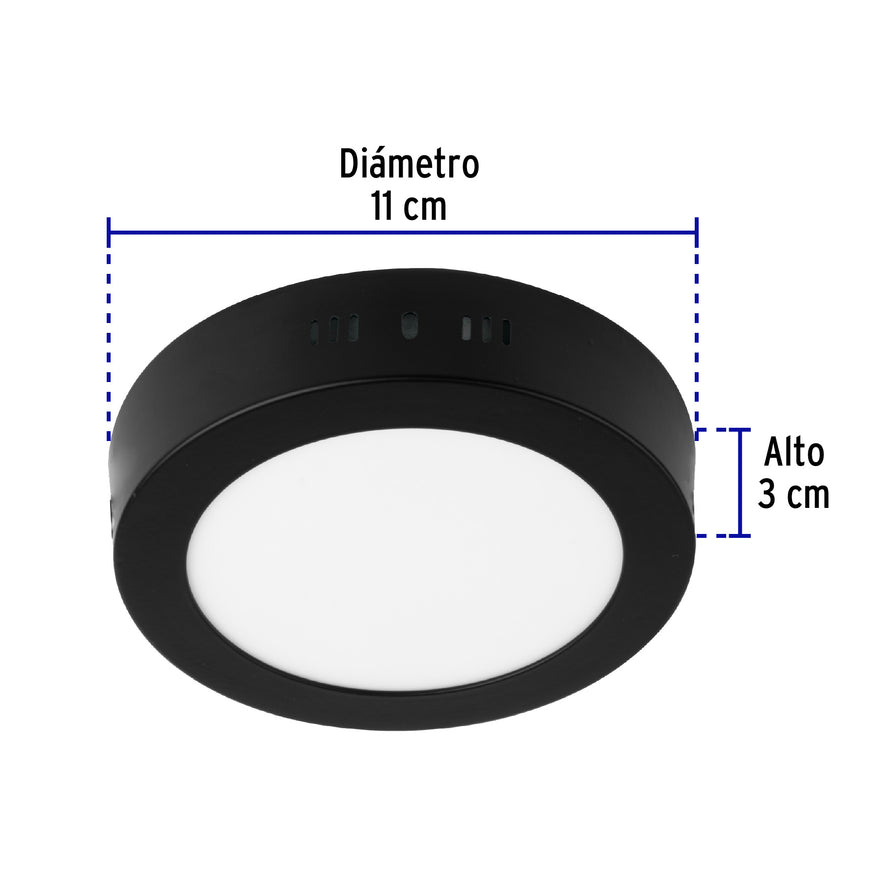 Luminario LED tipo plafón 6 W, redondo, luz de día, negro Caja con 4, 47395