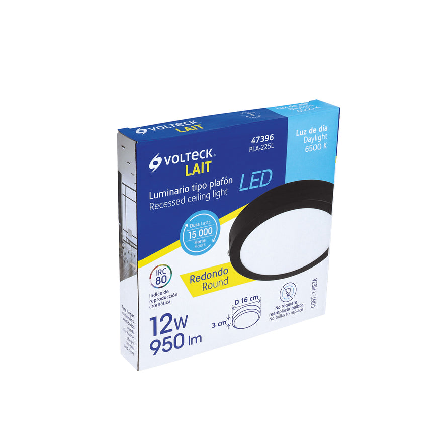 Luminario LED tipo plafón 12 W, redondo, luz de día, negro Caja con 4, 47396