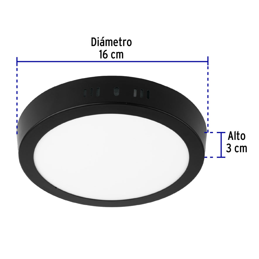 Luminario LED tipo plafón 12 W, redondo, luz de día, negro Caja con 4, 47396