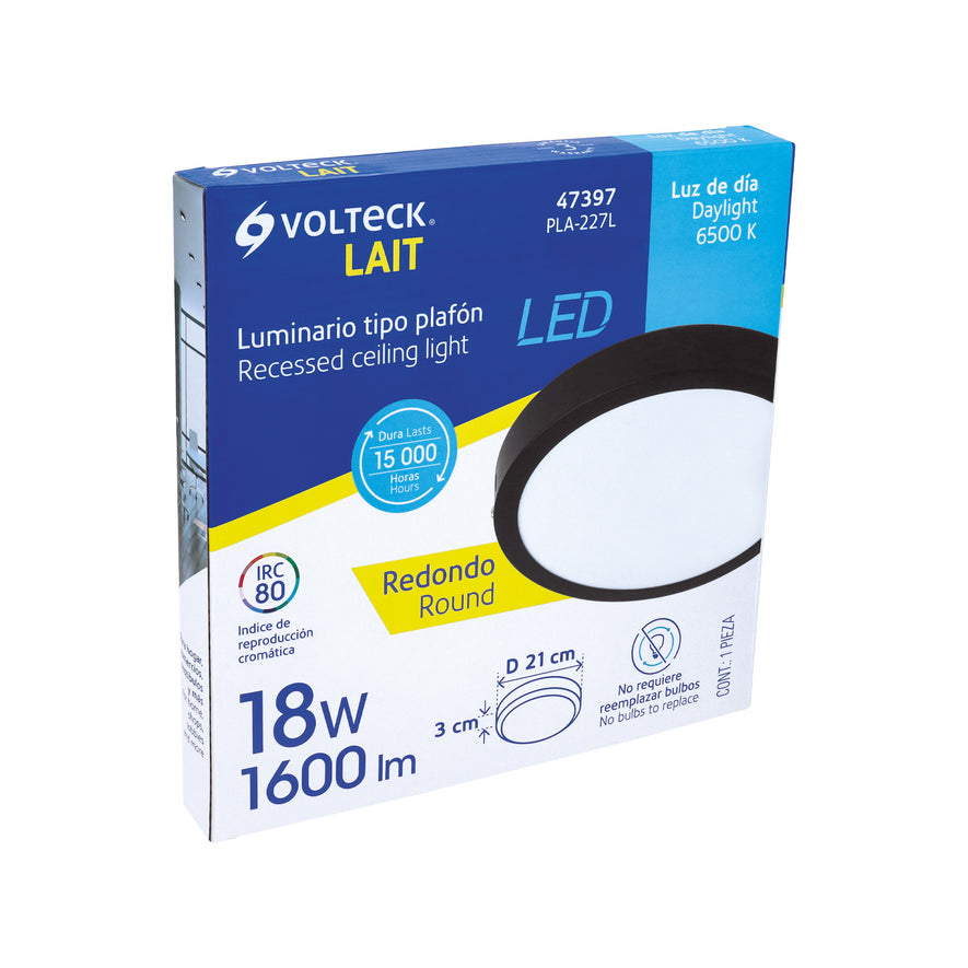 Luminario LED tipo plafón 18 W, redondo, luz de día, negro Caja con 2, 47397