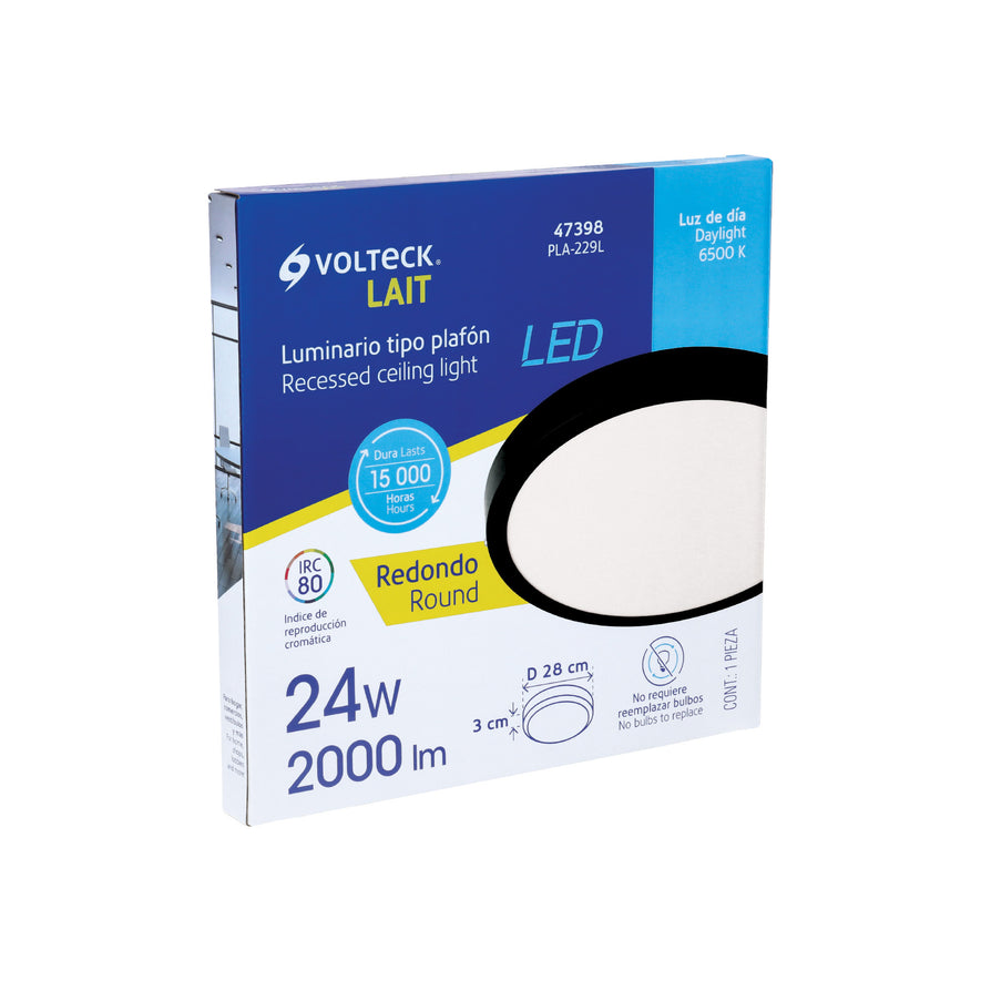 Luminario LED tipo plafón 24 W, redondo, luz de día, negro Caja con 2, 47398