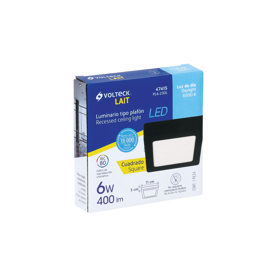 Luminario LED tipo plafón 6 W, cuadrado, luz de día, negro Caja con 4, 47415