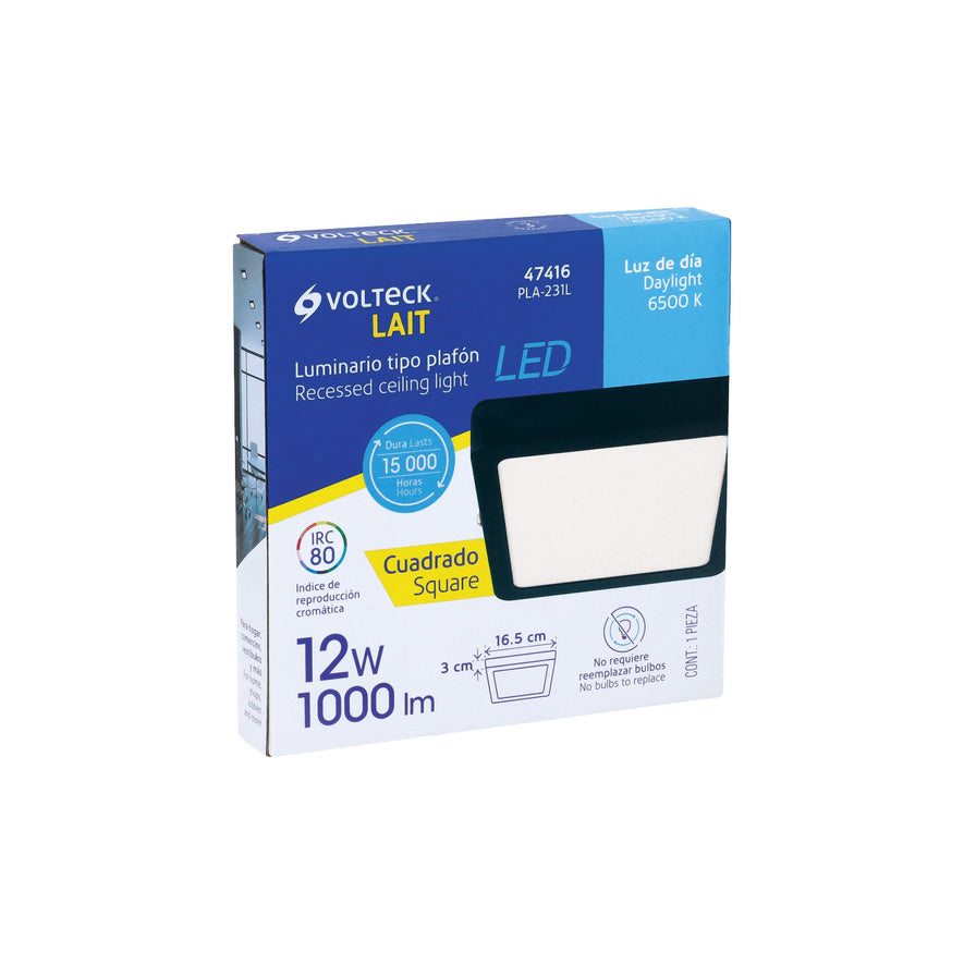 Luminario LED tipo plafón 12 W, cuadrado, luz de día, negro Caja con 4, 47416
