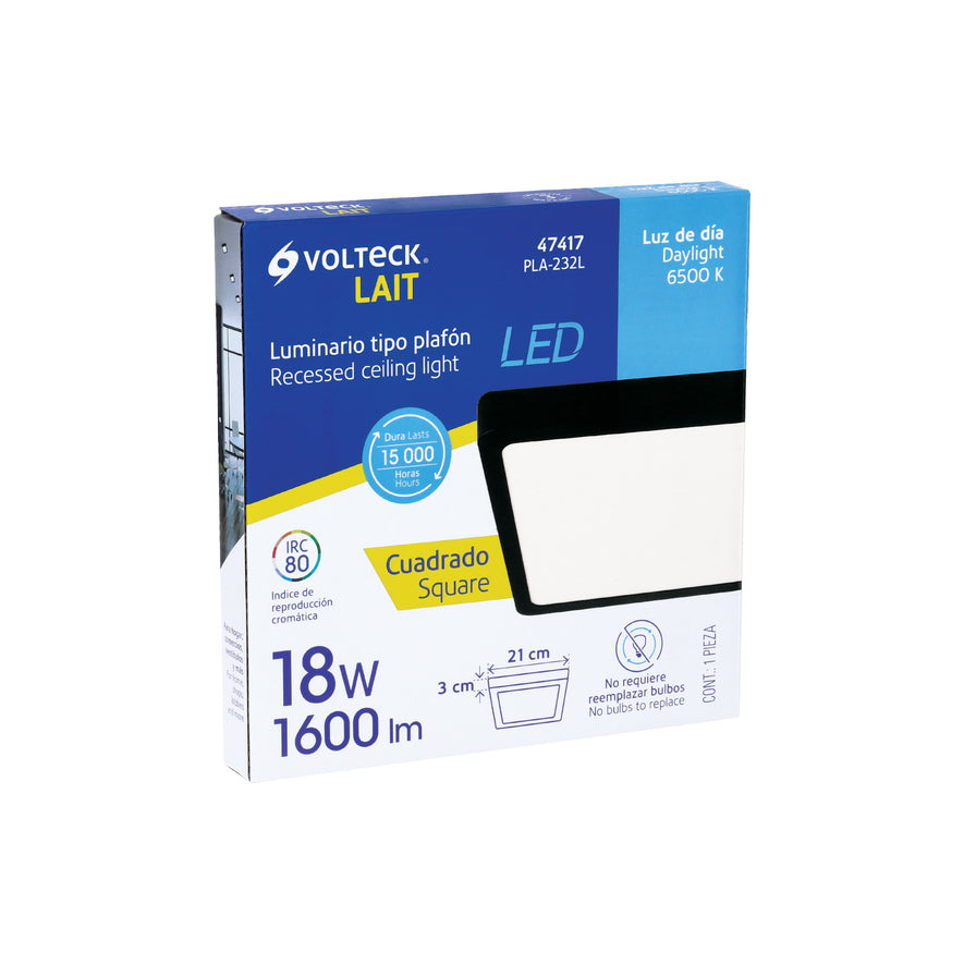 Luminario LED tipo plafón 18 W, cuadrado, luz de día, negro Caja con 2, 47417